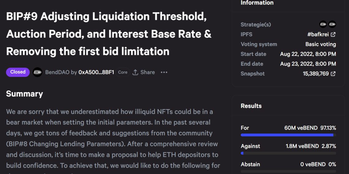 为避免NFT清算!BendDAO BIP9提案通过 接着再提BIP10提案-第1张图片-腾赚网 为避免NFT清算!BendDAO BIP9提案通过 接着再提BIP10提案-第1张图片-腾赚网