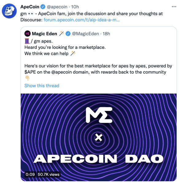 Magic Eden拉拢ApeCoinDAO 期望创建低交易费专属NFT市场-第3张图片-欧易okex官网