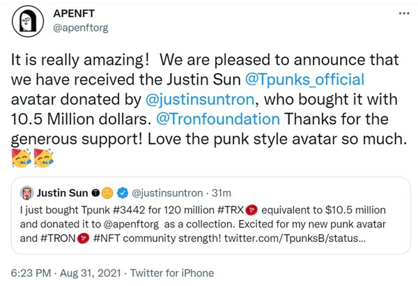 1050万美元天价买下Justin sun Tpunks 孙宇晨又在“憋大招”？-第1张图片-欧易下载
