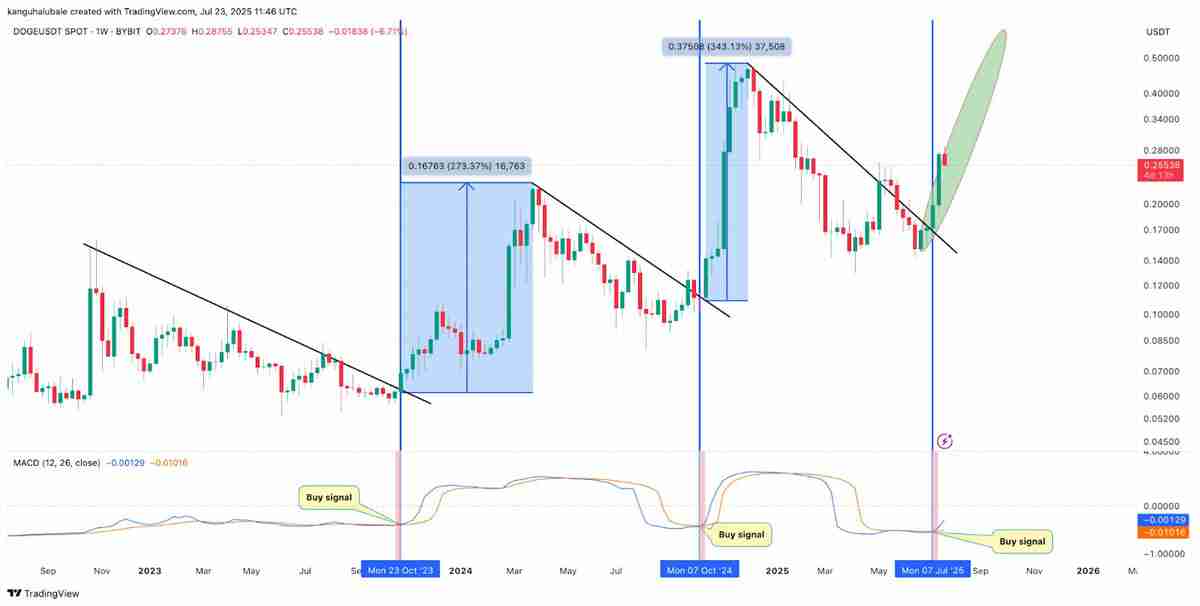 DOGE价格在该指标转为看涨时曾上涨340%