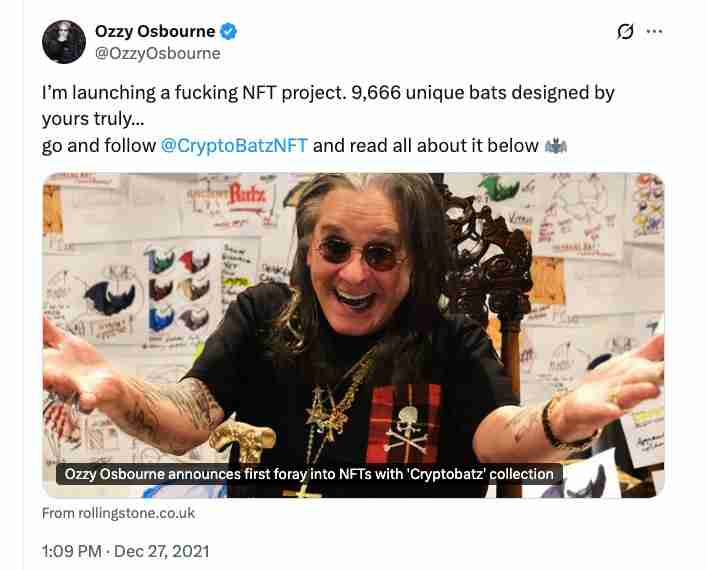Ozzy Osbourne去世引发CryptoBatz NFT价格暴涨400%