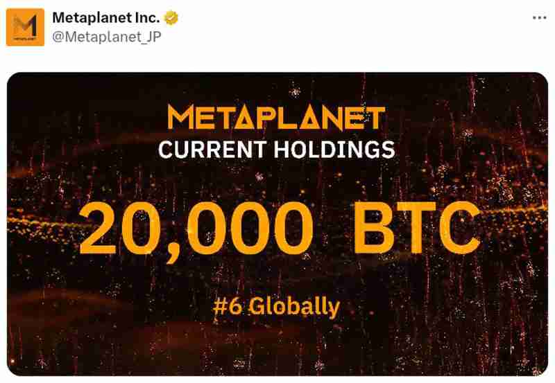 日本最大 BTC储备公司Metaplanet比特币持仓量达2万枚，同步发行1150万股新股