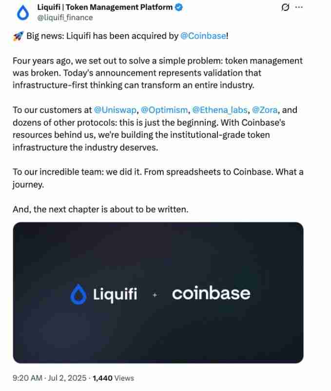 Coinbase收购代币管理平台Liquifi